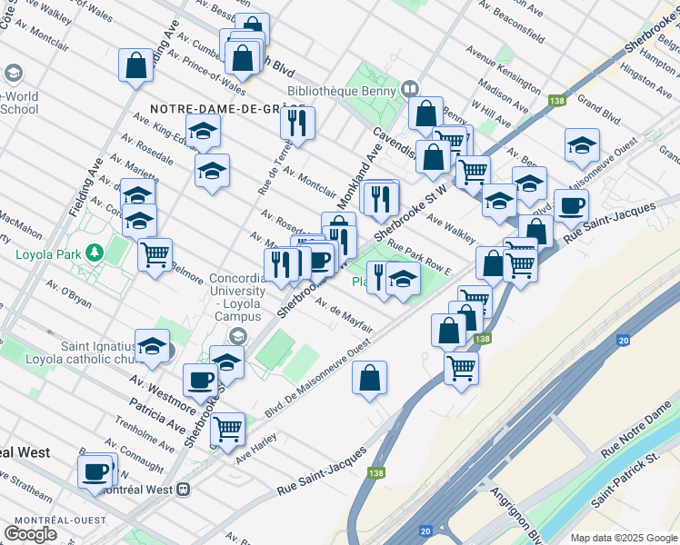 map of restaurants, bars, coffee shops, grocery stores, and more near 6874 Rue Sherbrooke Ouest in Montréal