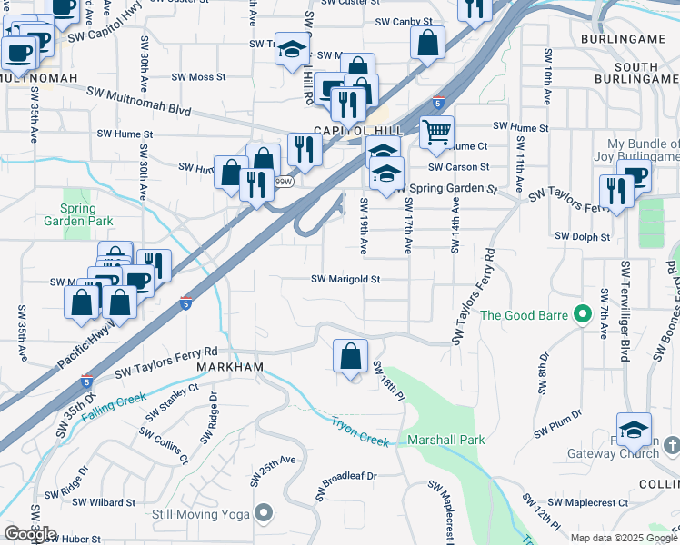map of restaurants, bars, coffee shops, grocery stores, and more near 2003 Southwest Marigold Street in Portland