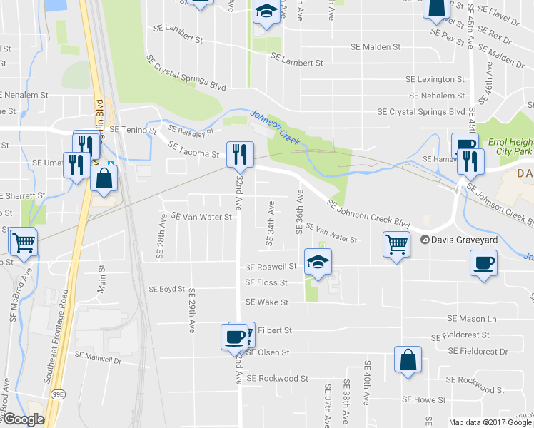 map of restaurants, bars, coffee shops, grocery stores, and more near 8609 Southeast 34th Avenue in Milwaukie
