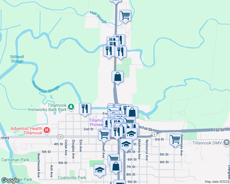 map of restaurants, bars, coffee shops, grocery stores, and more near 401 North Main Street in Tillamook
