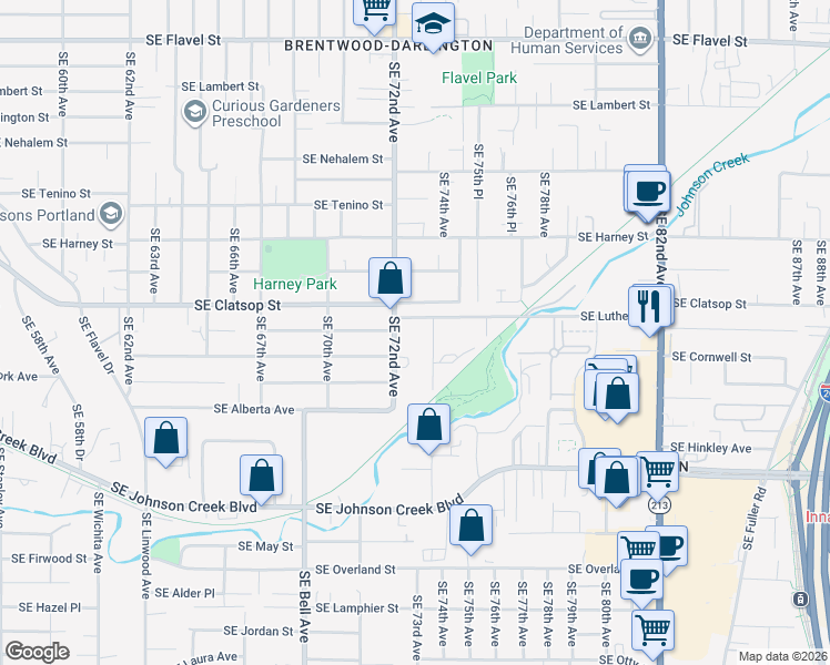 map of restaurants, bars, coffee shops, grocery stores, and more near 8680 Southeast 72nd Avenue in Portland