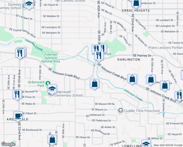 map of restaurants, bars, coffee shops, grocery stores, and more near 4425 Southeast Johnson Creek Boulevard in Portland