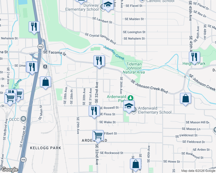 map of restaurants, bars, coffee shops, grocery stores, and more near 8616 Southeast 34th Avenue in Milwaukie