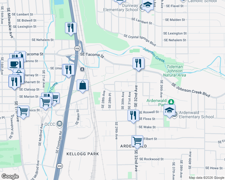 map of restaurants, bars, coffee shops, grocery stores, and more near 2830 Southeast Van Waters Street in Milwaukie