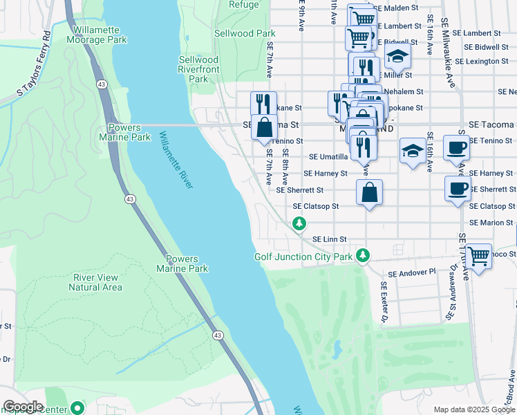 map of restaurants, bars, coffee shops, grocery stores, and more near 600 Southeast Marion Street in Portland
