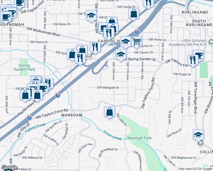 map of restaurants, bars, coffee shops, grocery stores, and more near 2003 Southwest Marigold Street in Portland