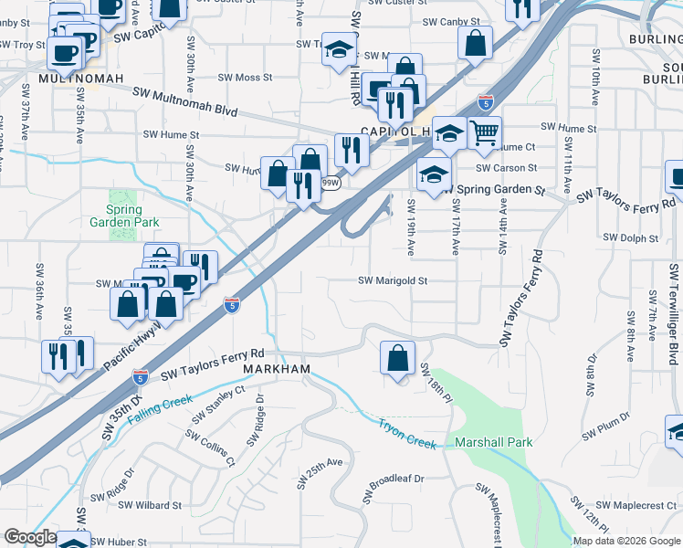 map of restaurants, bars, coffee shops, grocery stores, and more near 2130 Southwest Marigold Street in Portland