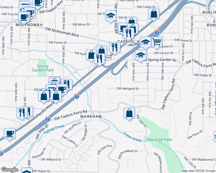 map of restaurants, bars, coffee shops, grocery stores, and more near 2316 Southwest Quinault Court in Portland