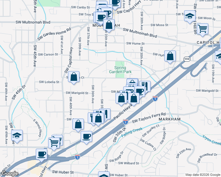 map of restaurants, bars, coffee shops, grocery stores, and more near 3409 Southwest Marigold Street in Portland