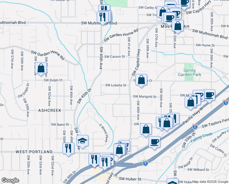map of restaurants, bars, coffee shops, grocery stores, and more near 4219 Southwest Marigold Street in Portland