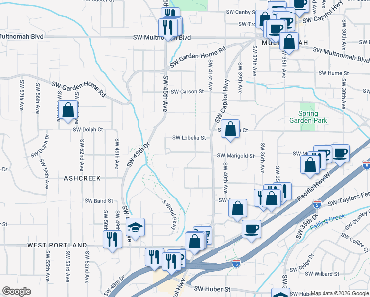 map of restaurants, bars, coffee shops, grocery stores, and more near 4219 Southwest Marigold Street in Portland