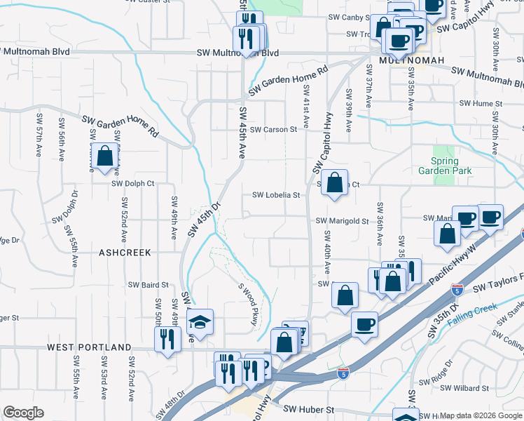 map of restaurants, bars, coffee shops, grocery stores, and more near 4407 Southwest Marigold Street in Portland