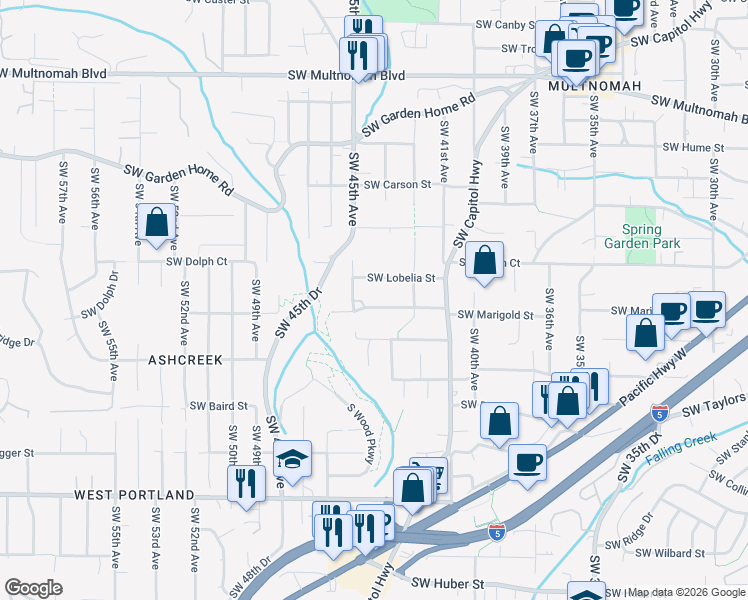 map of restaurants, bars, coffee shops, grocery stores, and more near 4407 Southwest Marigold Street in Portland