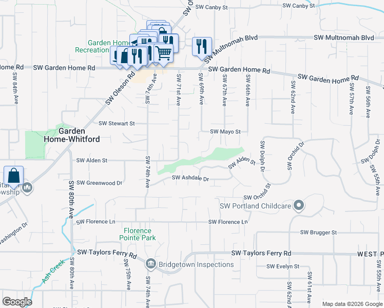 map of restaurants, bars, coffee shops, grocery stores, and more near 8255 Southwest Glencreek Court in Portland