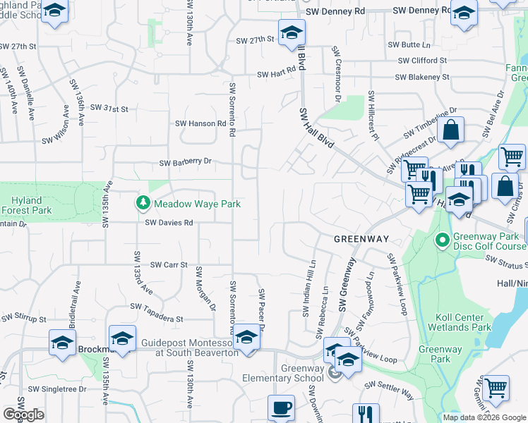 map of restaurants, bars, coffee shops, grocery stores, and more near 8175 Southwest Connemara Terrace in Beaverton