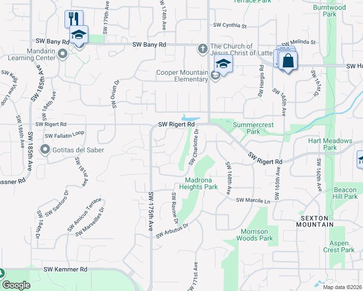 map of restaurants, bars, coffee shops, grocery stores, and more near 8224 Southwest 174th Terrace in Beaverton