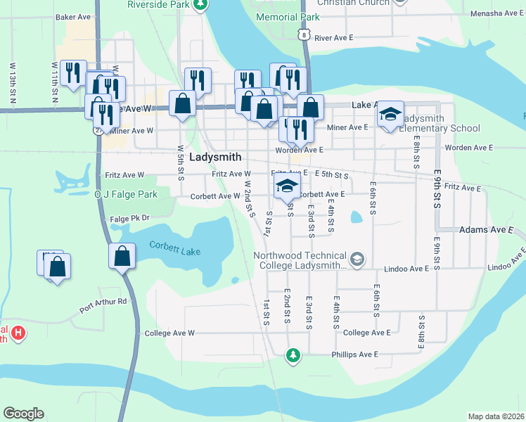 map of restaurants, bars, coffee shops, grocery stores, and more near 420 1st Street South in Ladysmith