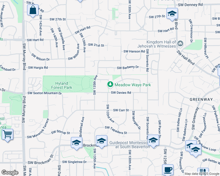 map of restaurants, bars, coffee shops, grocery stores, and more near 13301 Southwest Davies Road in Beaverton