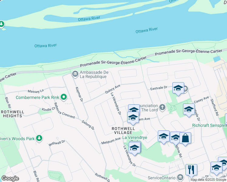 map of restaurants, bars, coffee shops, grocery stores, and more near 2012 Quincy Avenue in Ottawa