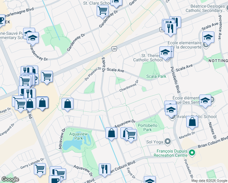 map of restaurants, bars, coffee shops, grocery stores, and more near 610 Chardonnay Drive in Ottawa