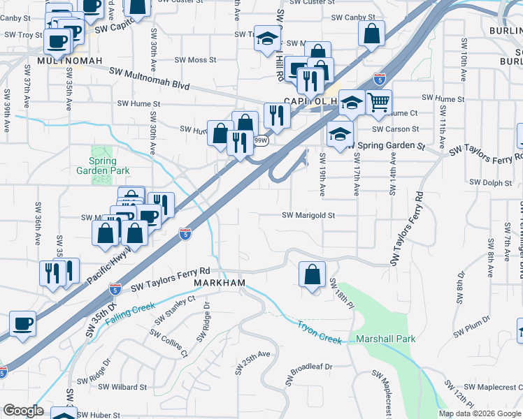 map of restaurants, bars, coffee shops, grocery stores, and more near 2235 Southwest Marigold Street in Portland