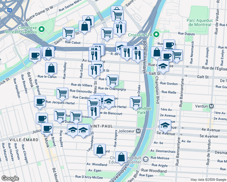 map of restaurants, bars, coffee shops, grocery stores, and more near 1636 Rue de Champigny in Montréal