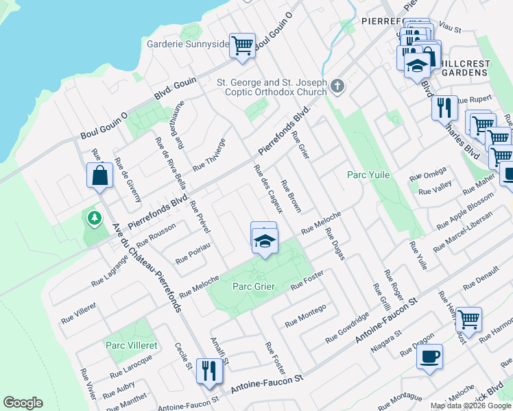 map of restaurants, bars, coffee shops, grocery stores, and more near 17734 Rue Arthur-Hooper in Montréal