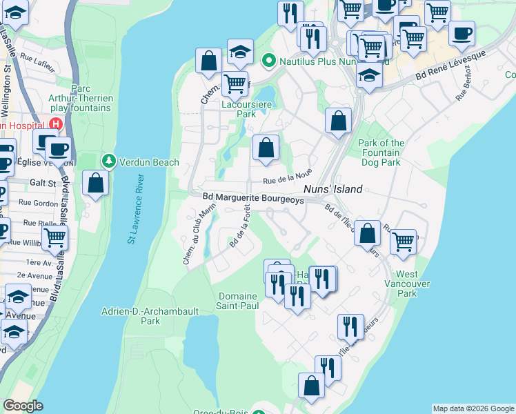 map of restaurants, bars, coffee shops, grocery stores, and more near 103 Rue des Passereaux in Montréal