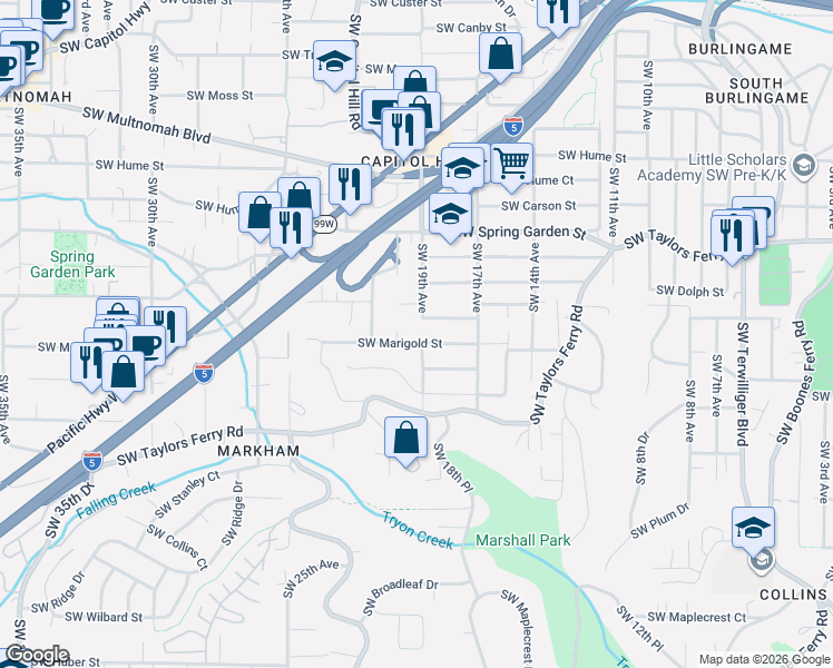 map of restaurants, bars, coffee shops, grocery stores, and more near 1911 Southwest Marigold Street in Portland