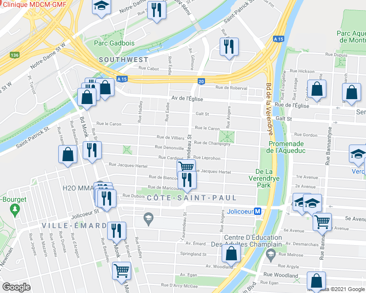 map of restaurants, bars, coffee shops, grocery stores, and more near 1815 Rue Denonville in Montréal