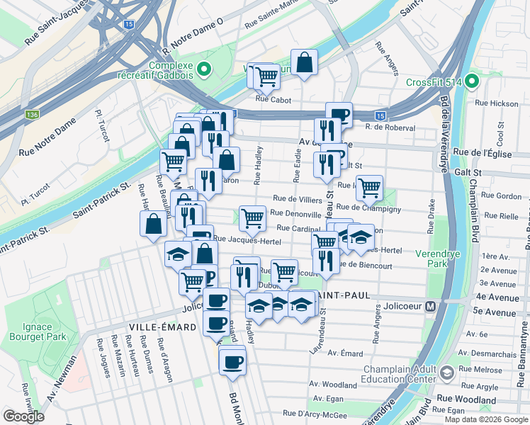 map of restaurants, bars, coffee shops, grocery stores, and more near 2020 Rue Denonville in Montreal