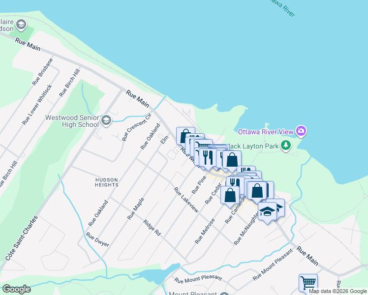map of restaurants, bars, coffee shops, grocery stores, and more near 524 Rue Main in Hudson