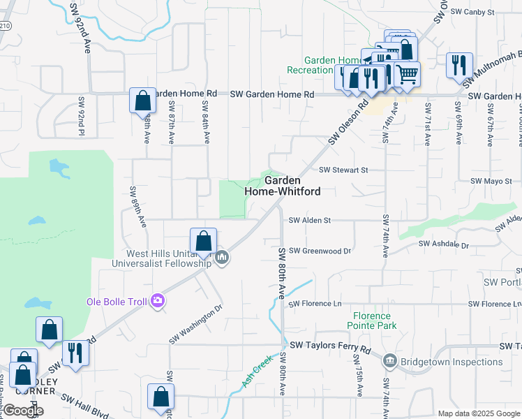 map of restaurants, bars, coffee shops, grocery stores, and more near 8219 Southwest Oleson Road in Portland