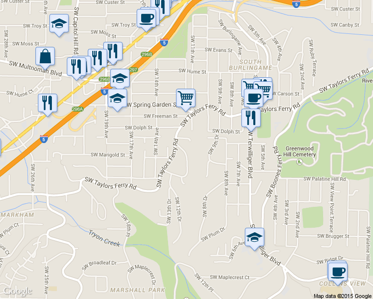 map of restaurants, bars, coffee shops, grocery stores, and more near 1348 Southwest Taylors Ferry Road in Portland