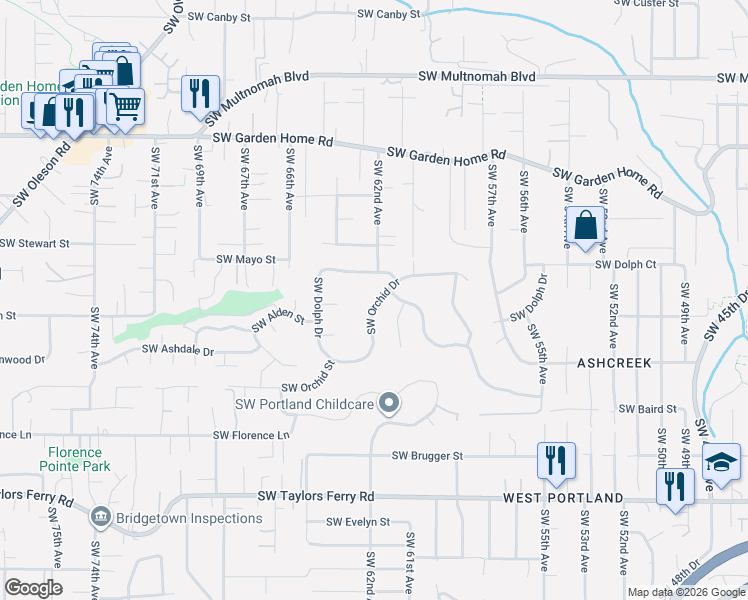 map of restaurants, bars, coffee shops, grocery stores, and more near 6122 Southwest Orchid Drive in Portland