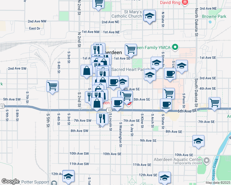 map of restaurants, bars, coffee shops, grocery stores, and more near 420 South Washington Street in Aberdeen