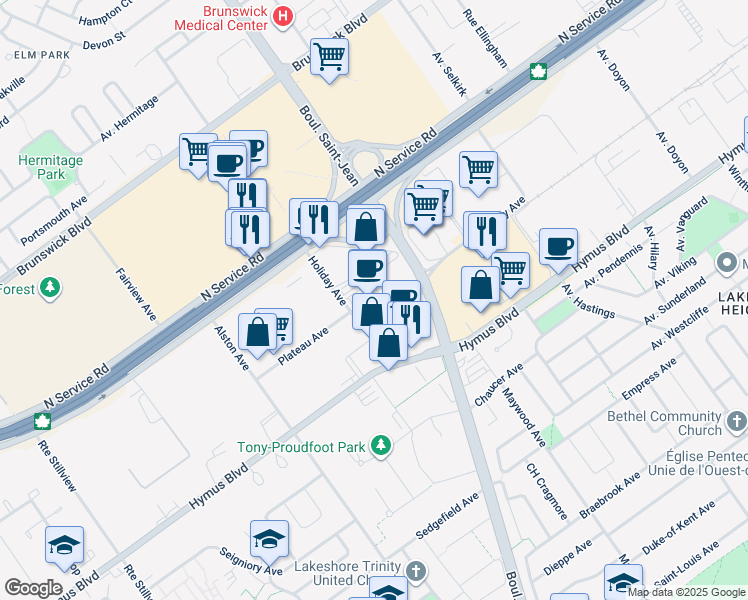 map of restaurants, bars, coffee shops, grocery stores, and more near in Pointe-Claire