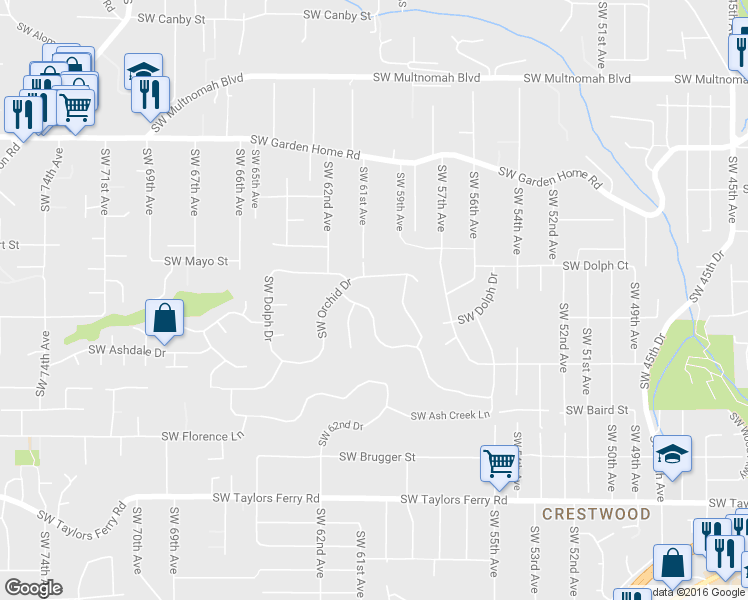 map of restaurants, bars, coffee shops, grocery stores, and more near 6022 Southwest Knightsbridge Drive in Portland