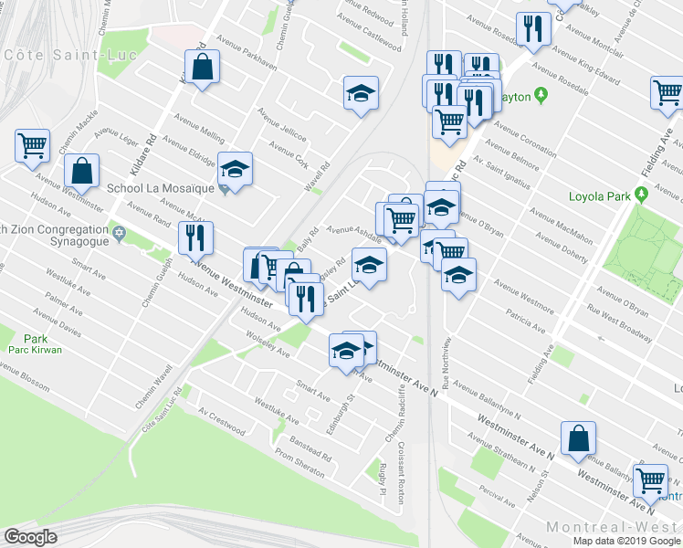 map of restaurants, bars, coffee shops, grocery stores, and more near 7460 Chemin Kingsley in Côte Saint-Luc