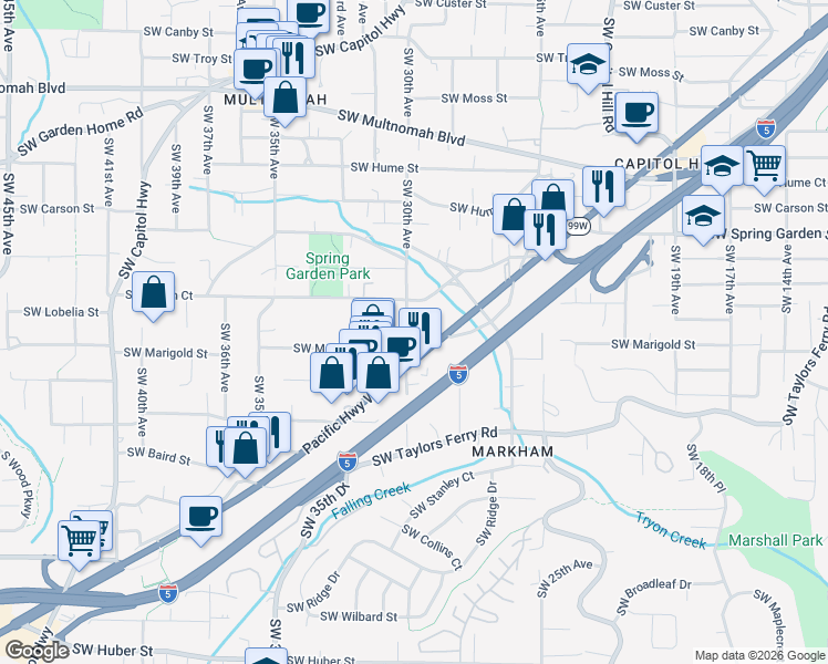 map of restaurants, bars, coffee shops, grocery stores, and more near 8981 Pacific Highway West in Portland