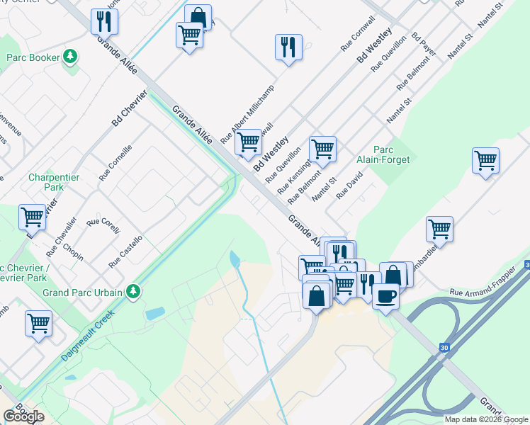 map of restaurants, bars, coffee shops, grocery stores, and more near 7100 Rue du Chardonneret in Brossard