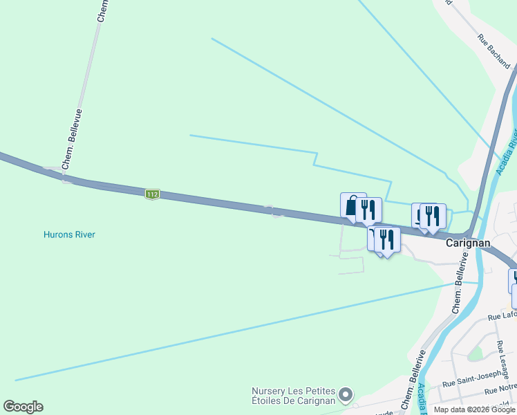 map of restaurants, bars, coffee shops, grocery stores, and more near Chemin de Chambly in Carignan