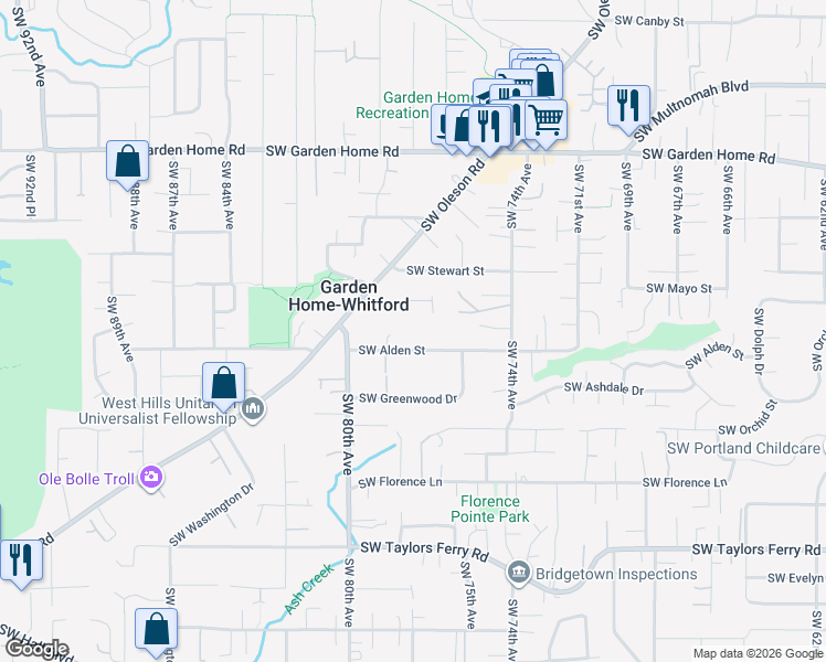 map of restaurants, bars, coffee shops, grocery stores, and more near 7705 Southwest Alden Street in Portland