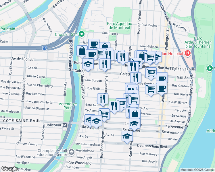 map of restaurants, bars, coffee shops, grocery stores, and more near 4336 Avenue Bannantyne in Montréal