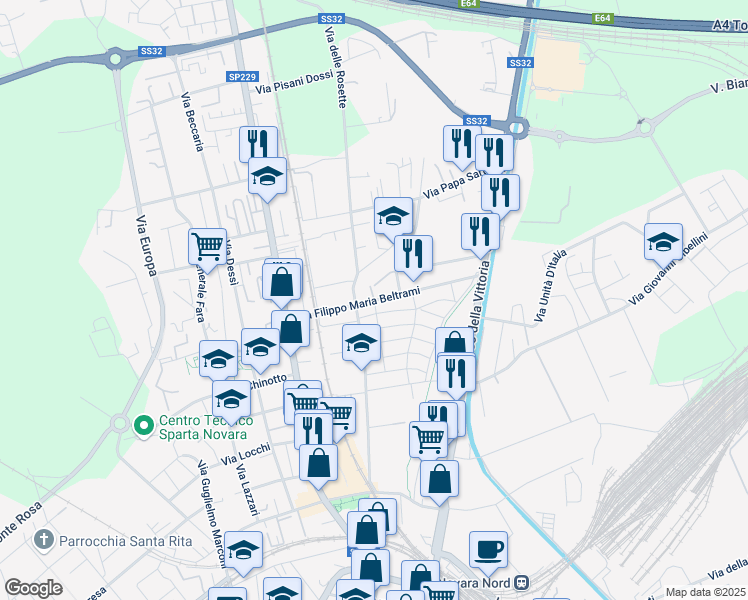 map of restaurants, bars, coffee shops, grocery stores, and more near 2 Via Giuseppe Serazzi in Novara