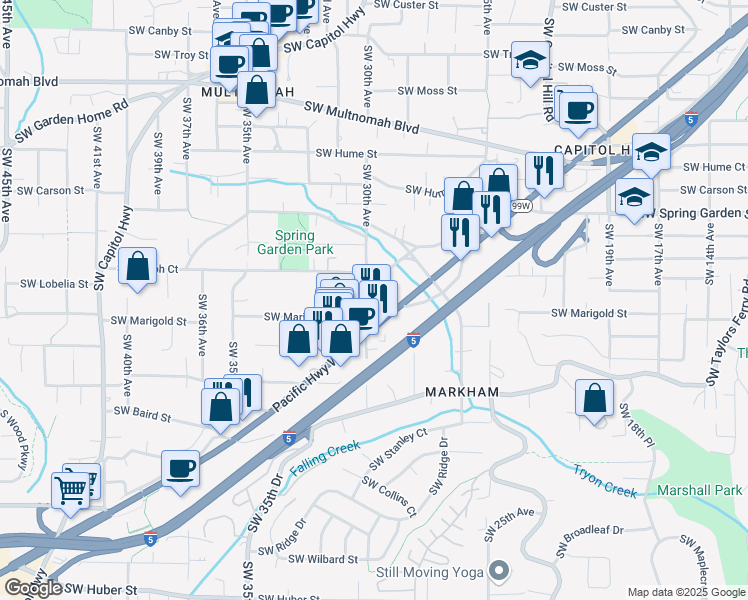 map of restaurants, bars, coffee shops, grocery stores, and more near 8924-8934 Southwest 30th Avenue in Portland