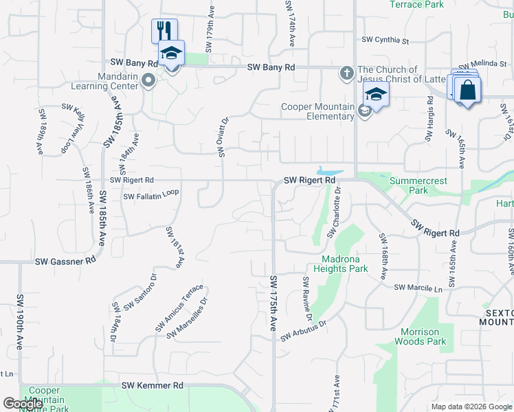 map of restaurants, bars, coffee shops, grocery stores, and more near 8189 Southwest Oldham Drive in Beaverton
