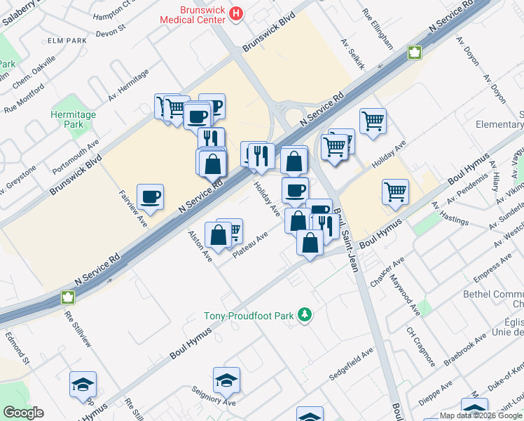 map of restaurants, bars, coffee shops, grocery stores, and more near 1 Holiday Avenue in Pointe-Claire