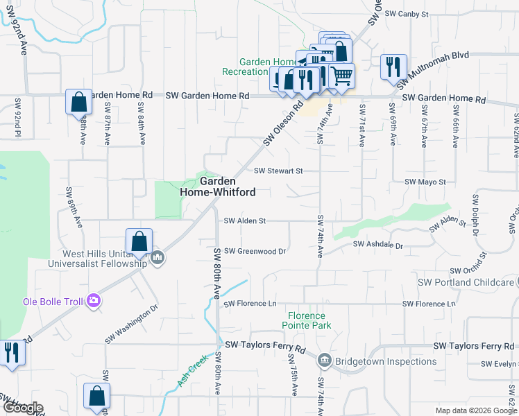 map of restaurants, bars, coffee shops, grocery stores, and more near 7705 Southwest Alden Street in Portland
