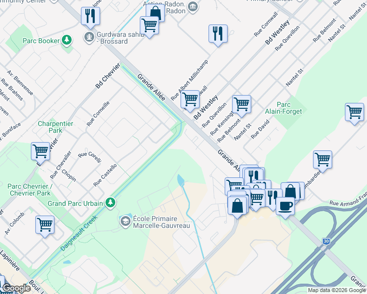 map of restaurants, bars, coffee shops, grocery stores, and more near 7045 Rue du Chardonneret in Brossard